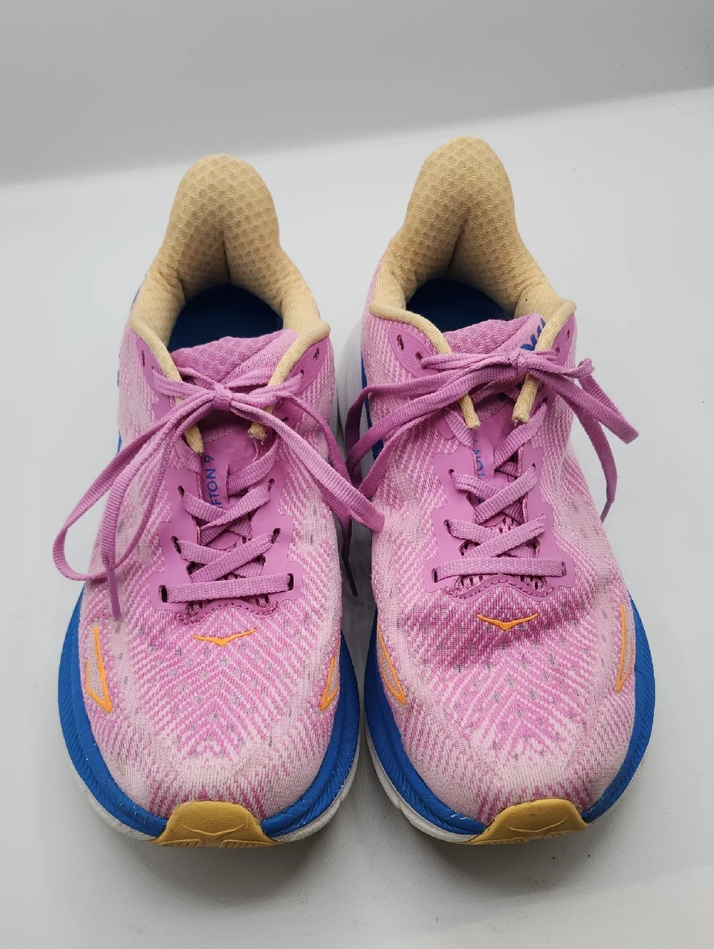 Hoka Women's Clifton 9 Pink and Blue Athletic Running Shoes Size 7.5 2E